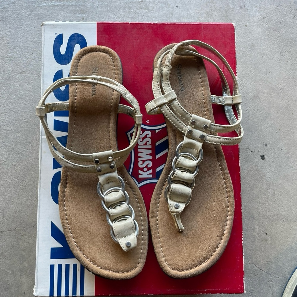 Style & Co. Beige Sandals with Silver Chain Accents